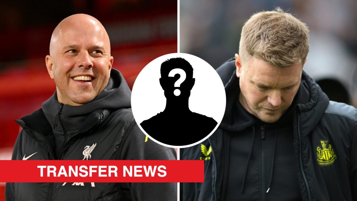 A split image of Liverpool boss Arne Slot (L) and Newcastle United boss Eddie Howe (R). Inset, a mystery player icon and a red banner with 'transfe...