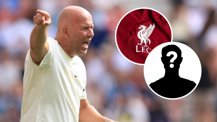 Liverpool boss Arne Slot shouts instructions against Preston North End. Inset, the Liverpool badge and a mystery player icon