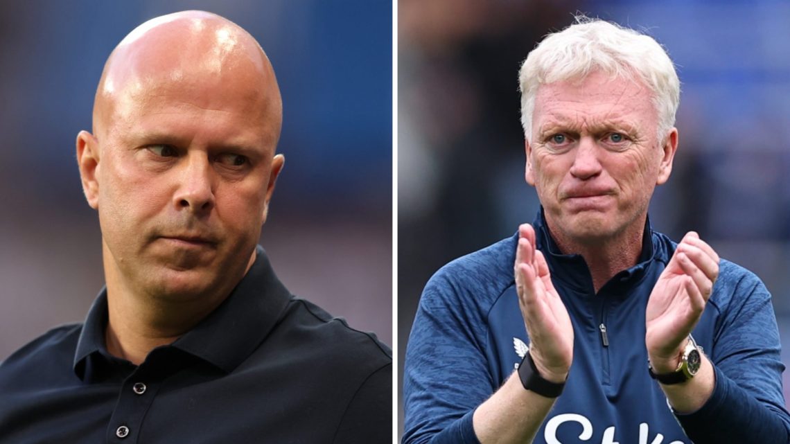 A split image featuring Liverpool manager Arne Slot alongside Everton boss David Moyes