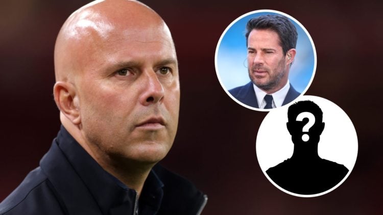 Arne Slot, Manager of Liverpool, looks on prior to the Carabao Cup Third Round match between Liverpool and Southampton at Anfield (Left) Jamie Redk...