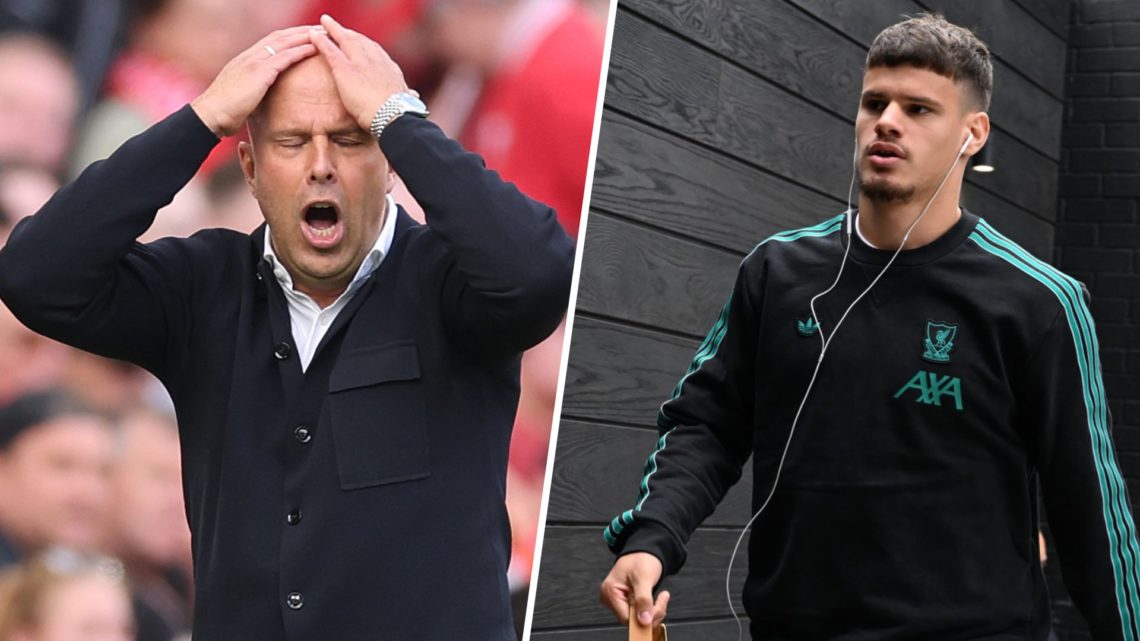 Arne Slot, Manager of Liverpool, reacts during the Premier League match between Liverpool and Arsenal at Anfield (Left) Milos Kerkez of Liverpool a...