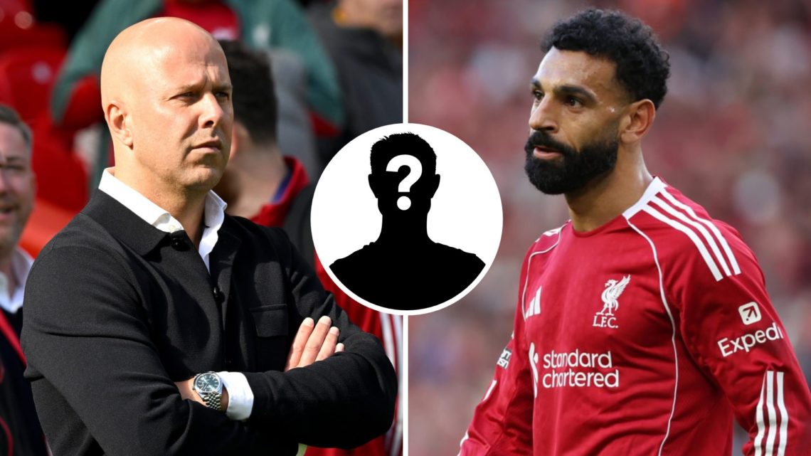 Arne Slot, Manager of Liverpool, looks on prior to the Premier League match between Liverpool and Arsenal at Anfield (Left) Mohamed Salah of Liverp...