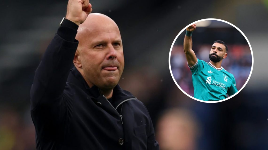 Arne Slot, Manager of Liverpool, celebrates after the team's victory during the Premier League match between Burnley and Liverpool at Turf Moor (Le...