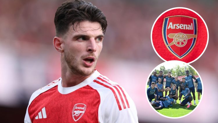 Arsenal midfielder Declan Rice during Premier League match. Inset of Arsenal badge and Jakub Kiwior.