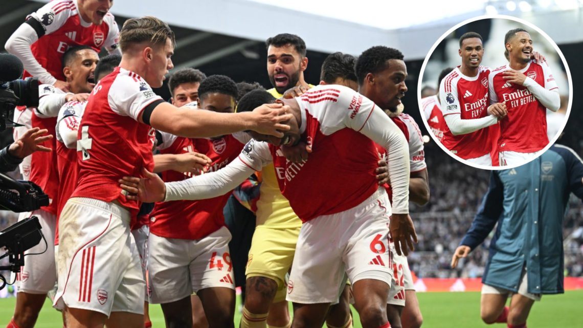 Arsenal celebrate winning goal vs Newcastle United. Inset of Gabriel Magalhaes and William Saliba.