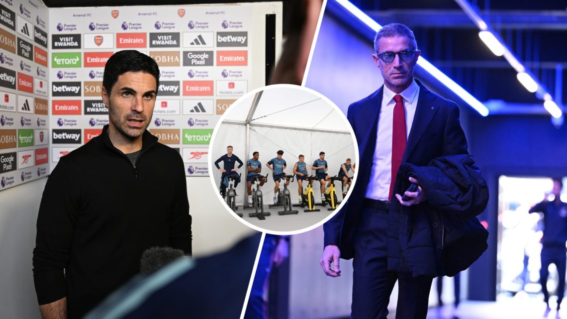 Split image of Arsenal manager Mikel Arteta (L) and Arsenal sporting director Andrea Berta (R). Inset of Leandro Trossard.