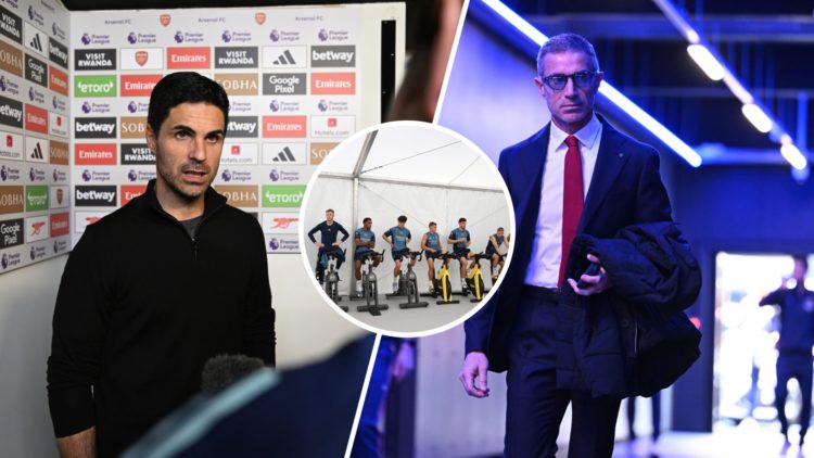 Split image of Arsenal manager Mikel Arteta (L) and Arsenal sporting director Andrea Berta (R). Inset of Leandro Trossard.