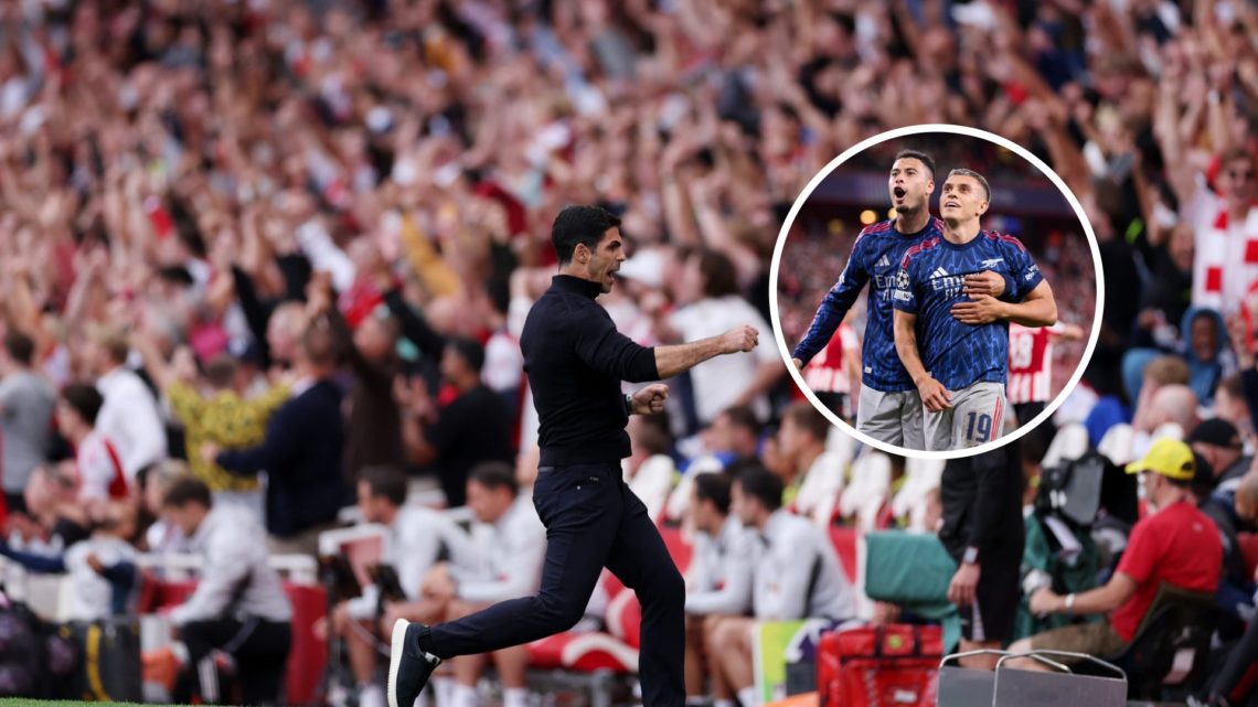 Arsenal manager Mikel Arteta with inset of Leandro Trossard and Gabriel Martinelli
