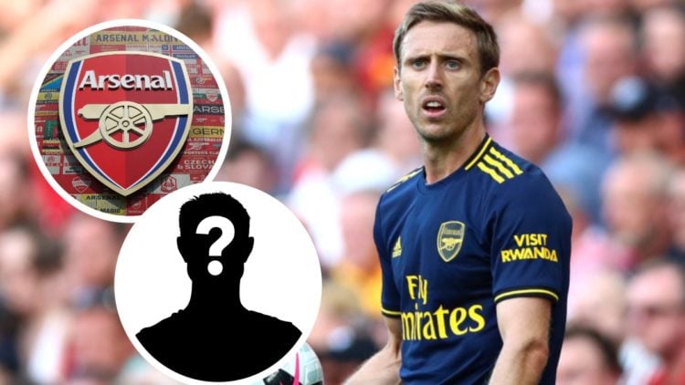 Former Arsenal defender Nacho Monreal during Premier League match. Inset of Arsenal badge and a mystery player.
