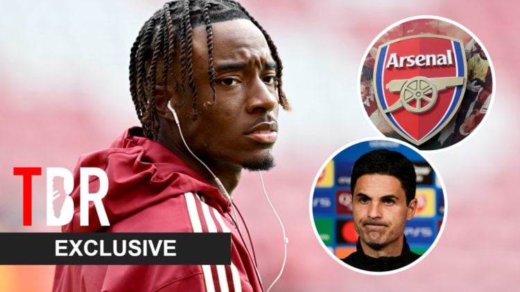 Arsenal winger Noni Madueke ahead of Premier League match. Inset of Mikel Arteta and Arsenal badge.