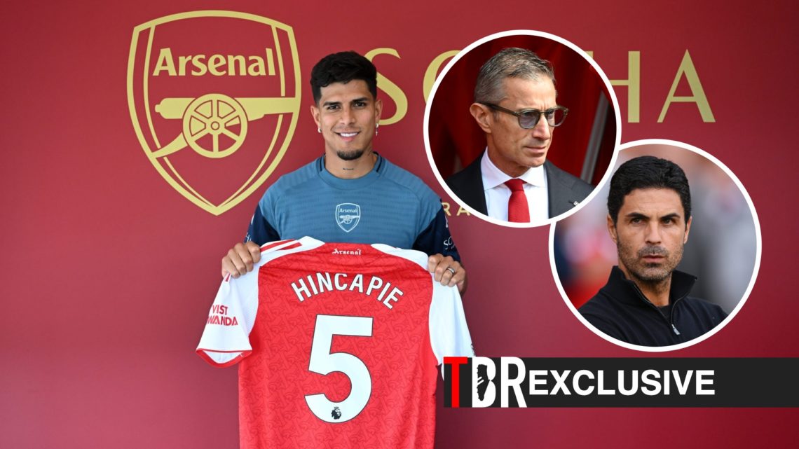 Arsenal Unveil New Signing Piero Hincapie, Mikel Arteta, Andrea Berta, TBR logo and exclusive label inset