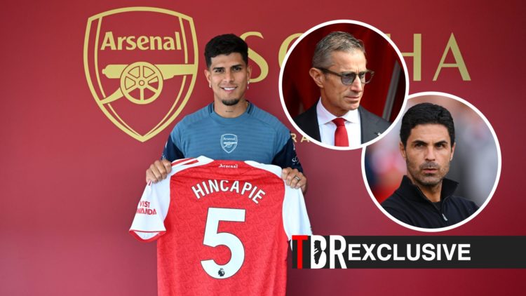 Arsenal Unveil New Signing Piero Hincapie, Mikel Arteta, Andrea Berta, TBR logo and exclusive label inset
