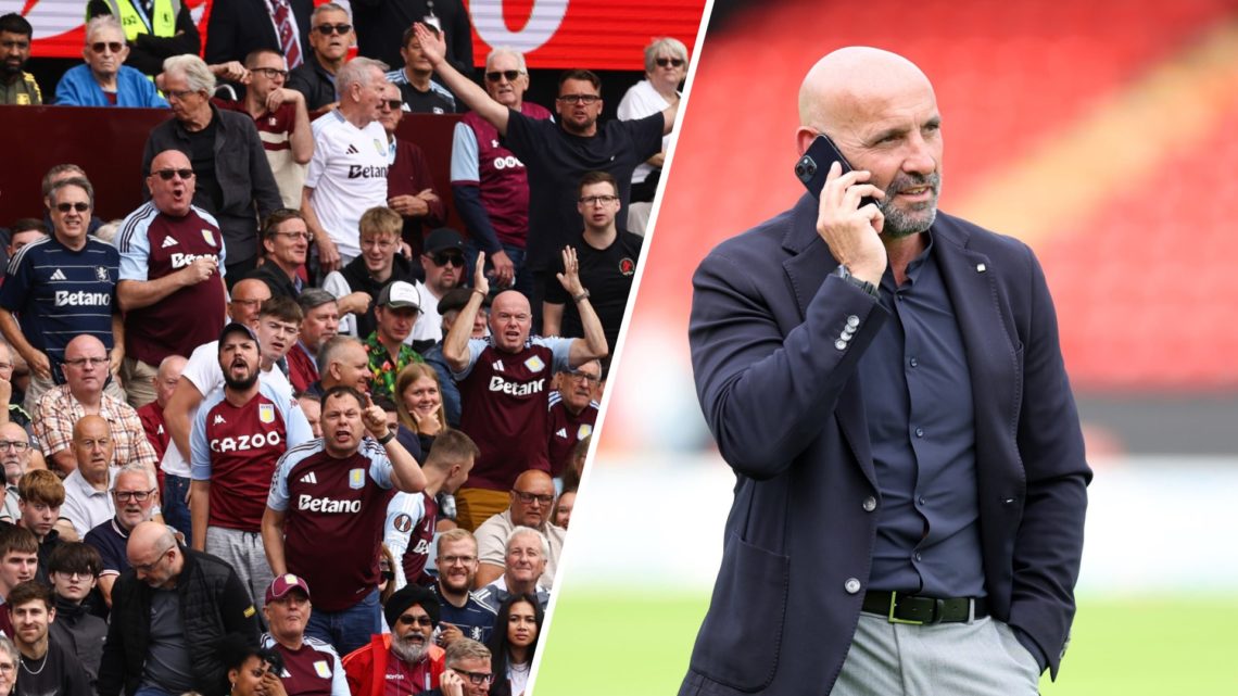 A split image of Aston Villa fans against Newcastle United (L) and Aston Villa's Monchi (R)