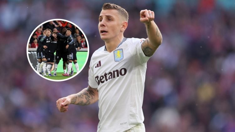 Aston Villa defender Lucas Digne with inset of Harvey Elliott and teammates