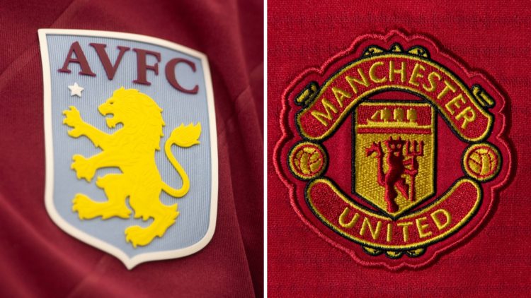Split image of the Aston Villa badge and the Manchester United badge