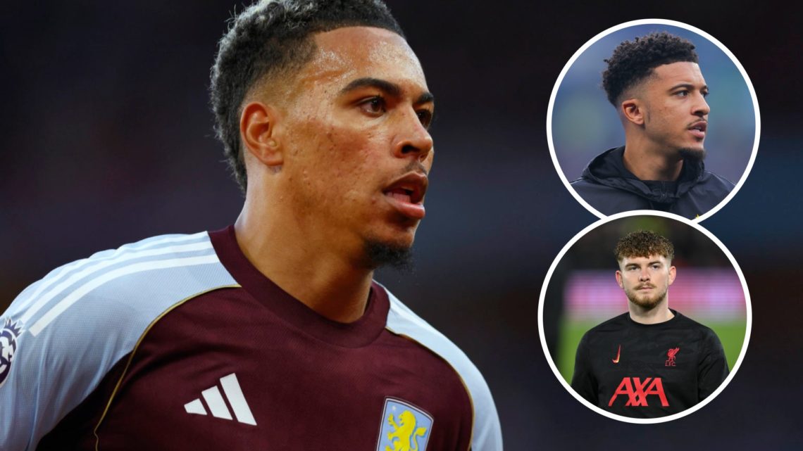 Aston Villa attacker Morgan Rogers during Premier League match. Inset of Jadon Sancho and Harvey Elliott.