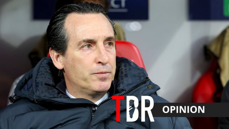 Aston Villa manager Unai Emery with TBR Opinion logo