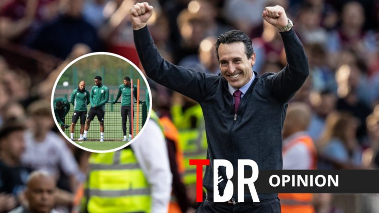 Aston Villa manager Unai Emery with inset of Lamare Bogarde and teammates