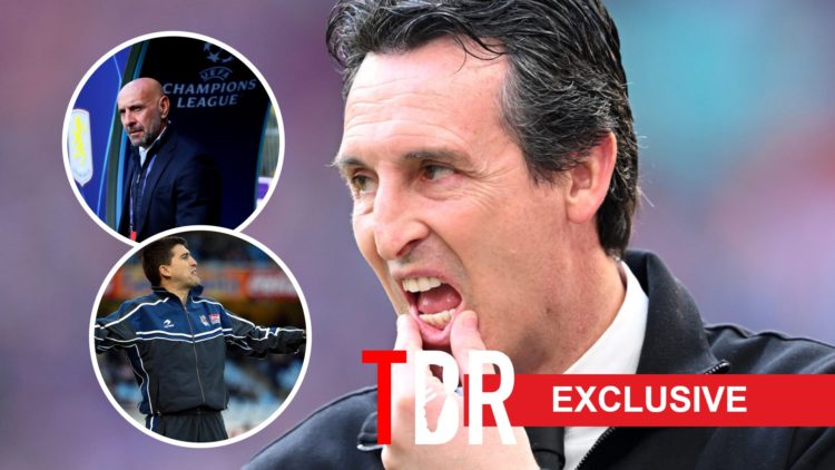 Aston Villa manager Unai Emery during Premier League match. Inset of Monchi and Roberto Olabe.