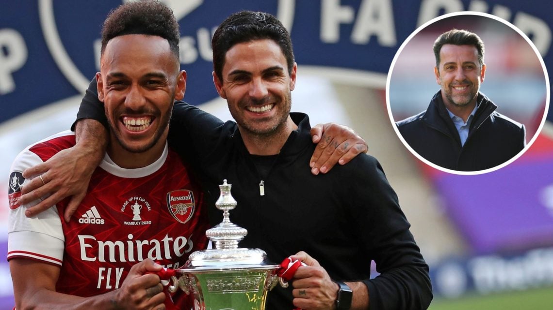 A split image of Pierre-Emerick Aubameyang and Mikel Arteta celebrating with the FA Cup win at Arsenal alongside an inset of Edu Gaspar