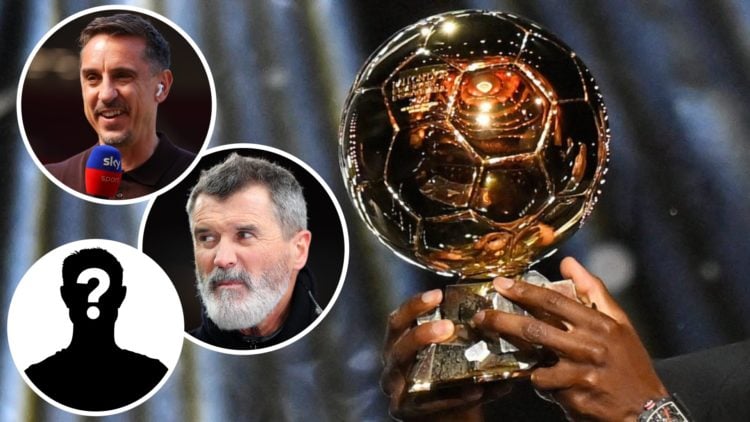 Ballon d'Or trophy, Gary Neville (inset, top), Roy Keane (inset, middle), mystery player (inset, bottom)