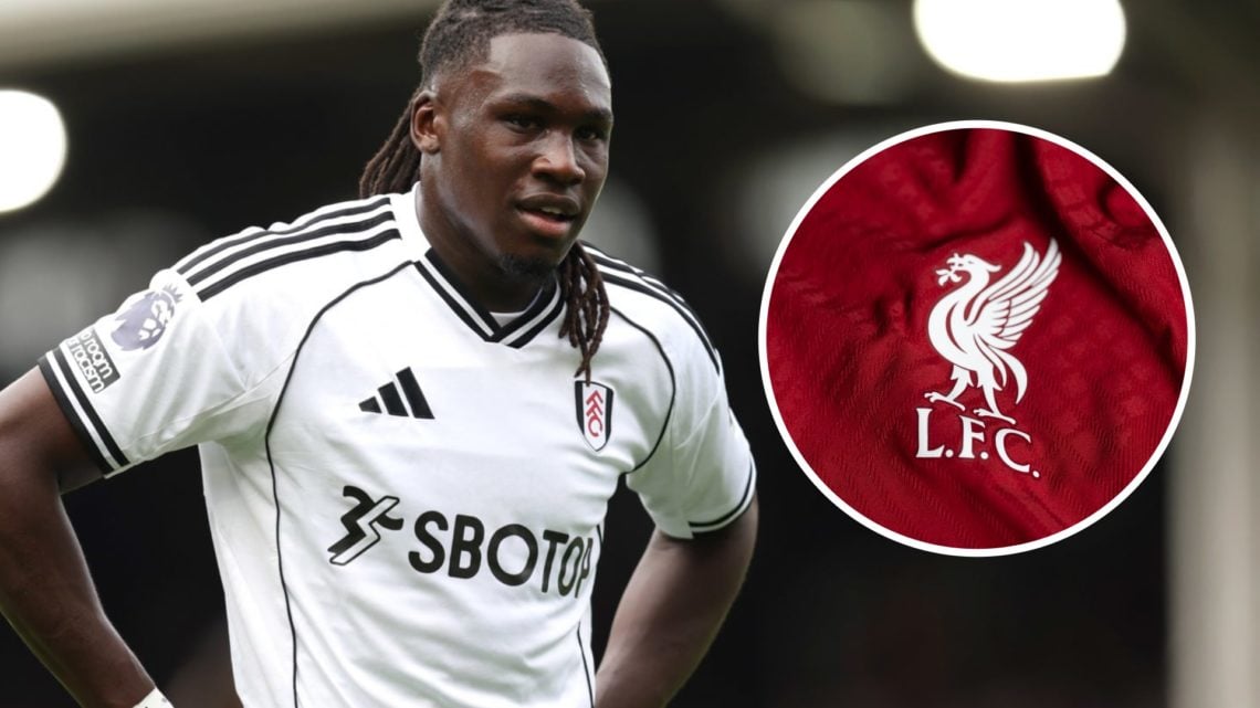 Fulham's Calvin Bassey alongside a Liverpool badge.