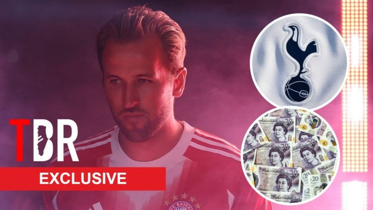 Bayern Munich striker Harry Kane ahead of FIFA Club World Cup match. Inset of Tottenham Hotspur badge.