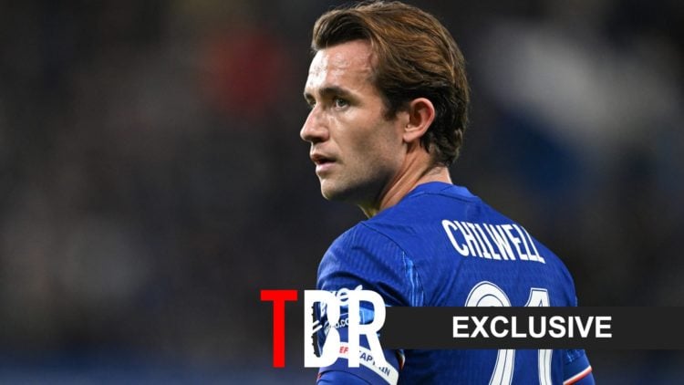 Ben Chilwell playing for Chelsea ant the TBR logo and exclusive tag overlayed (bottom right)