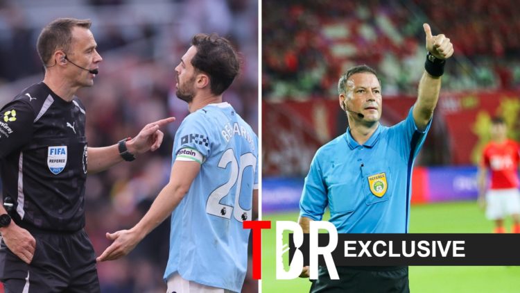 Bernardo Silva and Stuart Attwell in discussion (left), Mark Clattenburg gestures to fans (right)