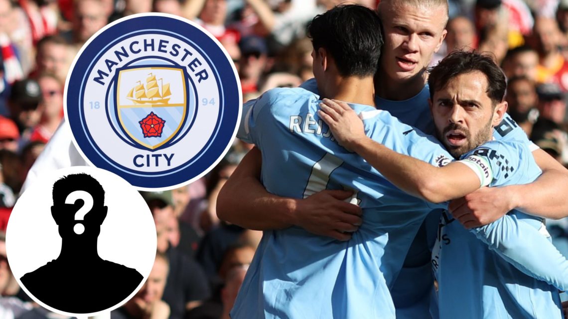 Bernardo Silva and Erling Haaland, Manchester City badge (inset, top), mystery player (inset, bottom)
