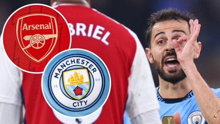 Bernardo Silva, Arsenal badge (inset, top), Manchester City badge (inset, bottom)