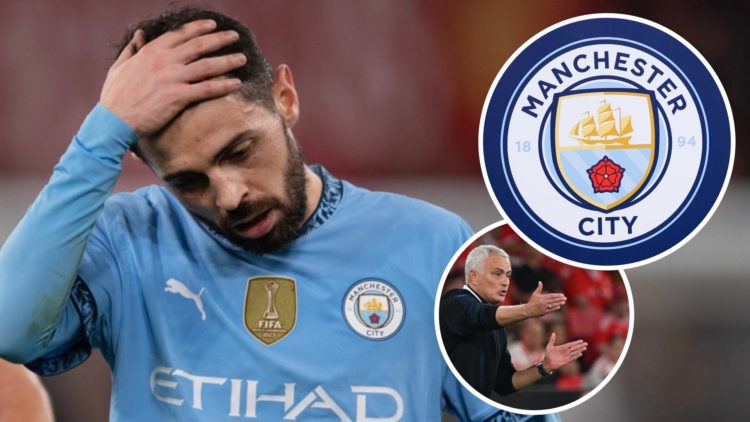 Bernardo Silva, Manchester City badge (inset, top), Jose Mourinho (inset, bottom)