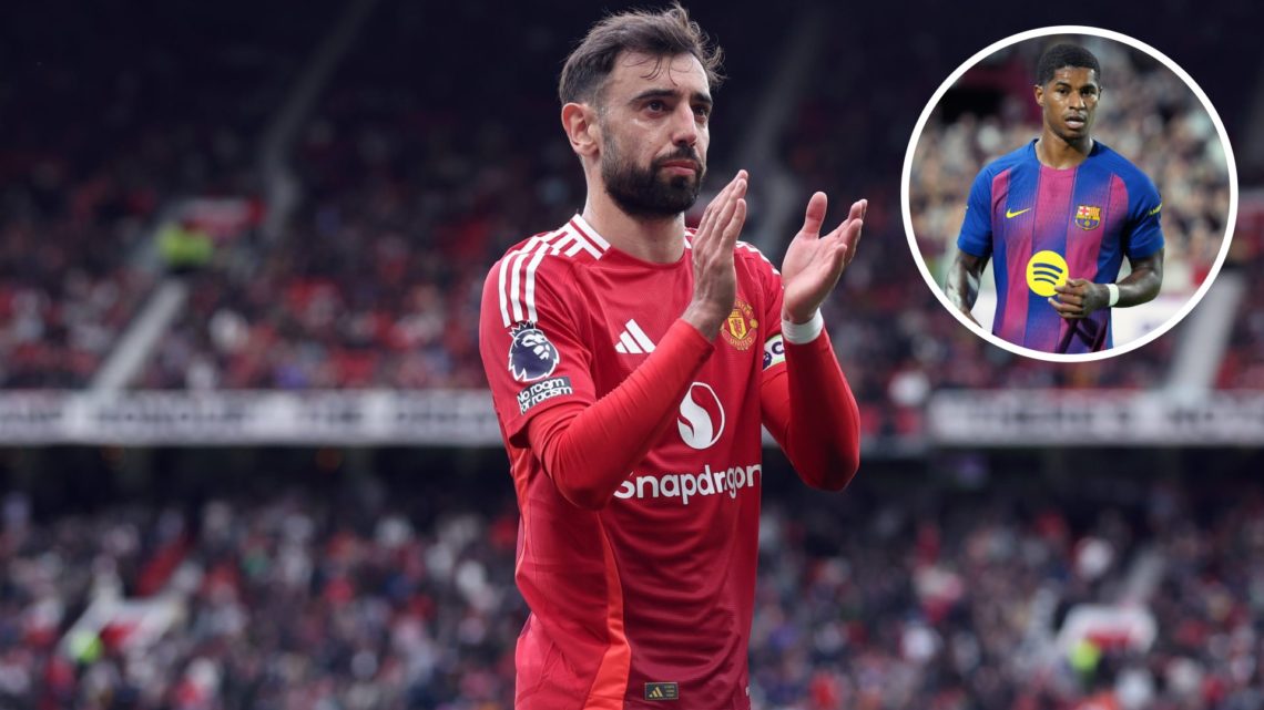 Bruno Fernandes applauds the Manchester United fans (left) and Marcus Rashford plays for Barcelona overlayed (right)