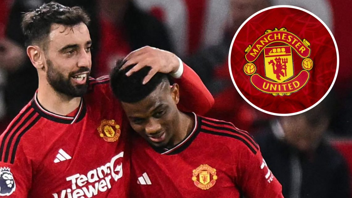 Bruno Fernandes, Amad Diallo, Manchester United badge (inset)