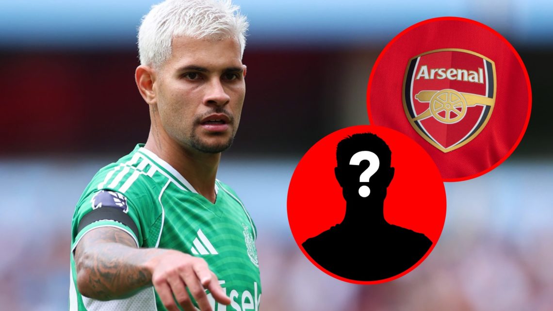 An image of Bruno Guimaraes of Newcastle alongside an Arsenal badge and a mystery player inset