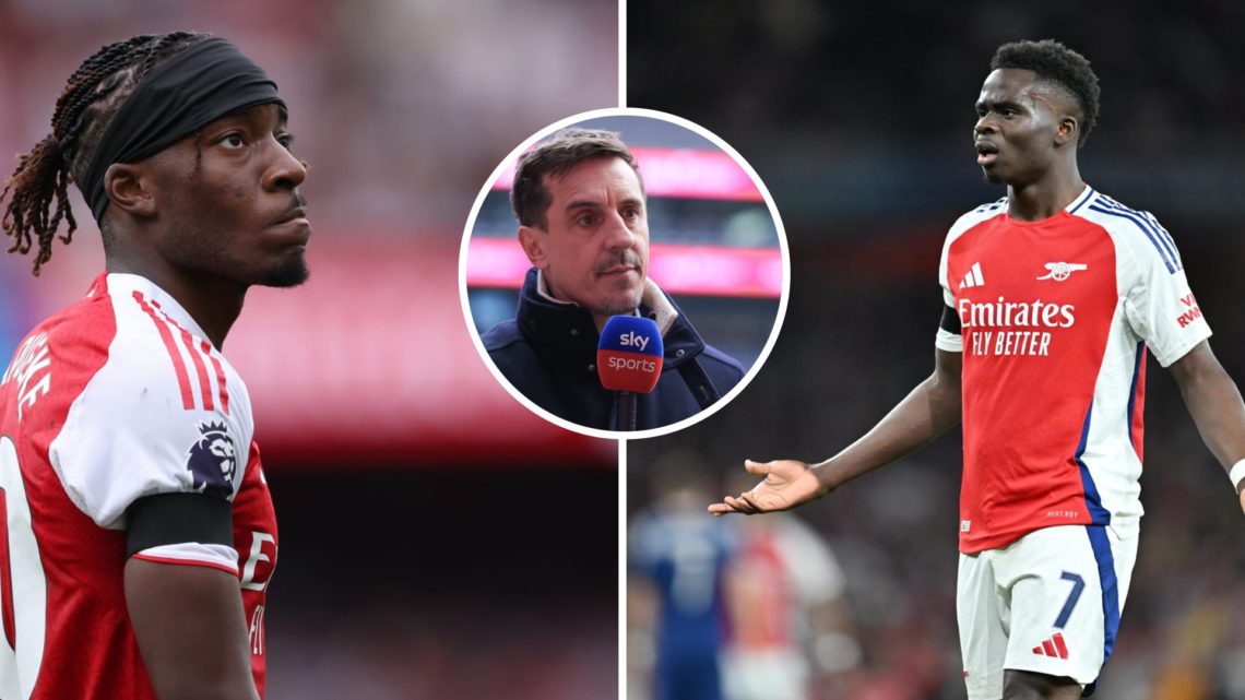 Noni Madueke playing for Arsenal (left) and Bukayo Saka playing for Arsenal (right) with Gary Neville doing punditry overlayed (middle)
