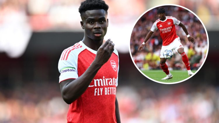 Bukayo Saka playing for Arsenal (left) and Noni Madueke playing for Arsenal overlayed (right)
