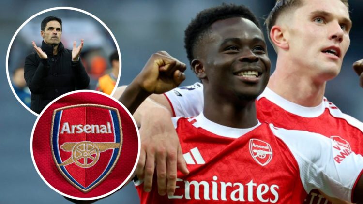 Bukayo Saka, Mikel Arteta (inset, top), Arsenal badge (inset, bottom)