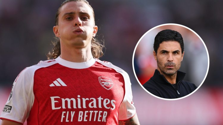 Riccardo Calafiori playing for Arsenal alongside an inset of Mikel Arteta.
