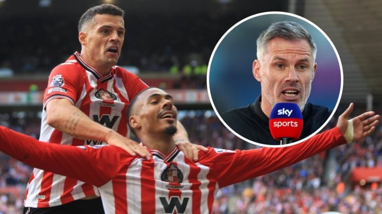 Wilson Isidor and Granit Xhaka celebrate for Sunderland alongside an inset of Jamie Carragher.