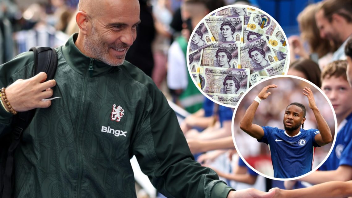 Enzo Maresca (left) looks on, overlay images of bank notes and Chelsea star Christopher Nkunku (right)