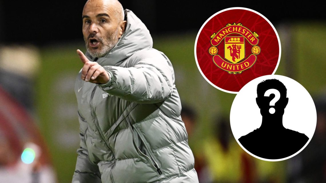 Chelsea head coach Enzo Maresca gestures on the touchline alongside insets of the Manchester United badge and a white mystery player silhouette