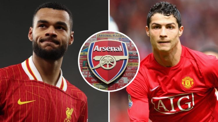 Cody Gakpo of Liverpool (left), Cristiano Ronaldo of Manchester United (right) and an Arsenal badge (centre)