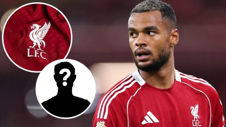 Cody Gakpo, Liverpool badge (inset, top), mystery player (inset, bottom)