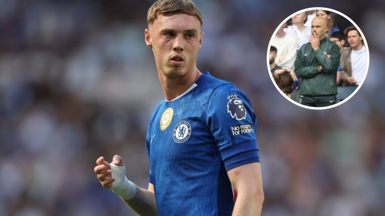 Cole Palmer playing for Chelsea (left) with Enzo Maresca thinking on the touchline overlayed (right)