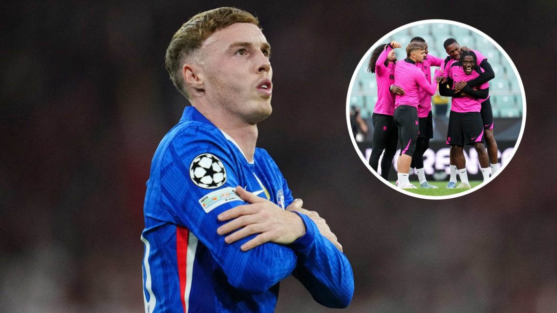 Chelsea forward Cole Palmer celebrates scoring a goal against Bayern Munich, alongside a photo of Romeo Lavia laughing with team-mates during a tra...