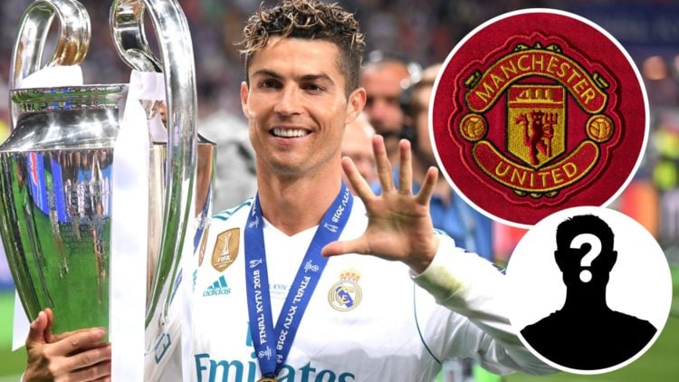 Cristiano Ronaldo, Manchester United badge (inset, top), mystery player (inset, bottom)
