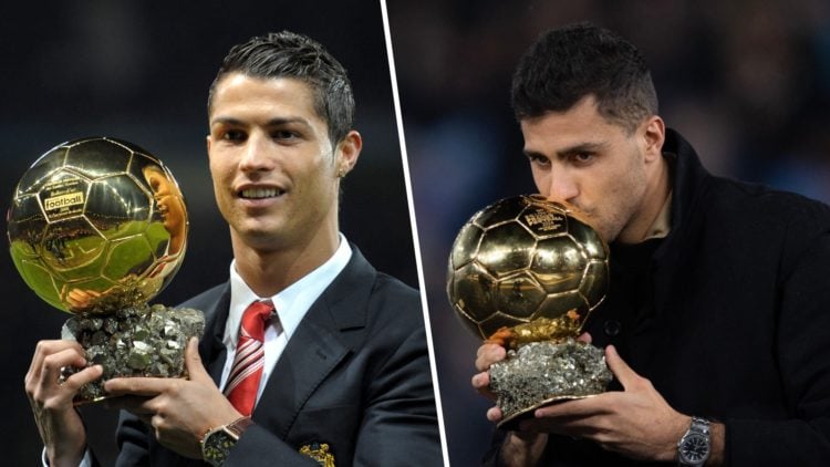 A split image of both Cristiano Ronaldo and Rodri celebrating with the Ballon d'Or trophy