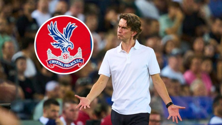 Thomas Frank looks dejected during the 2025 UEFA Super Cup clash between Tottenham and PSG, Crystal Palace badge inset