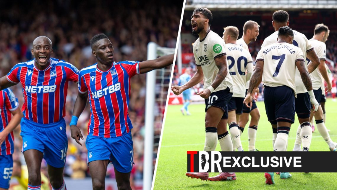 Split image of Crystal Palace players celebrating and West Ham players celebrating, TBR logo and exclusive label inset